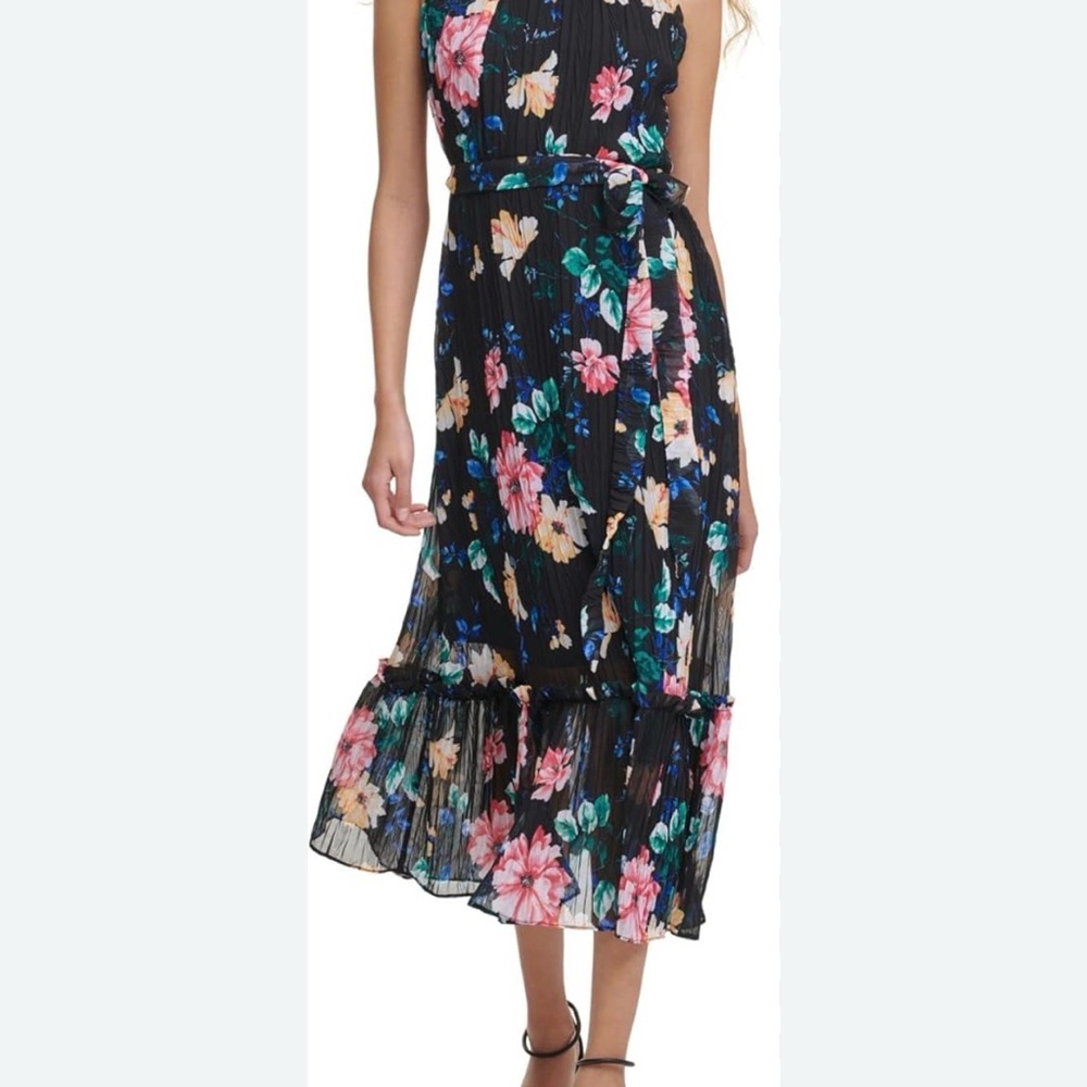 Kensie Black Floral Midi Dress with Pink, Teal & Cream Blooms